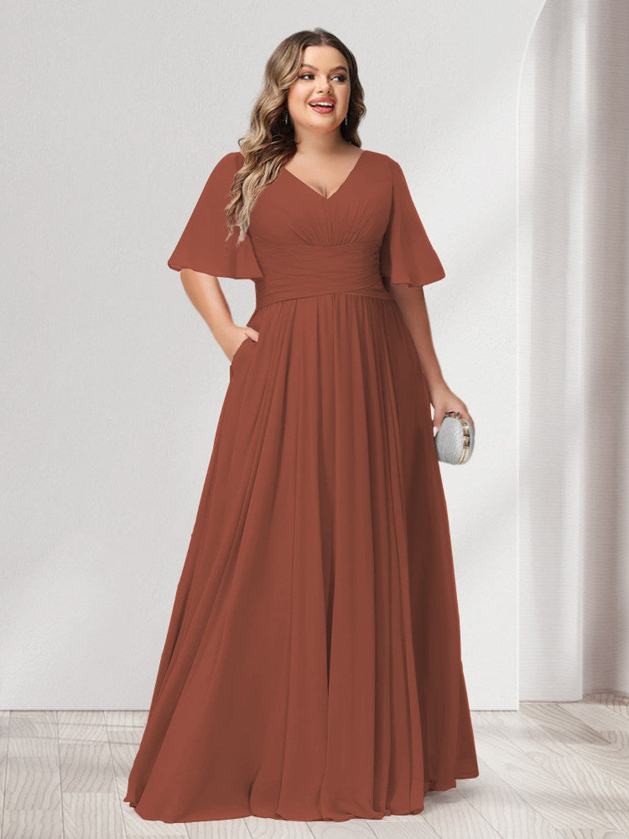 A-Line/Princess V-Neck Half Sleeves Chiffon Plus Size Bridesmaid Dresses with Pockets - 画像 (9)