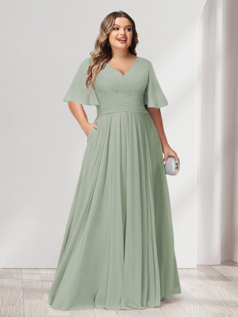 A-Line/Princess V-Neck Half Sleeves Chiffon Plus Size Bridesmaid Dresses with Pockets - 画像 (6)