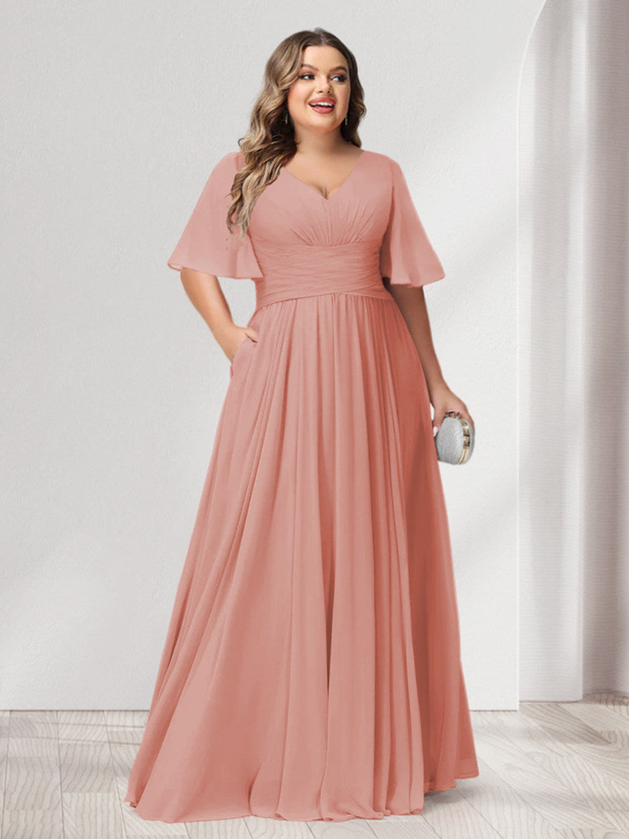 A-Line/Princess V-Neck Half Sleeves Chiffon Plus Size Bridesmaid Dresses with Pockets - 画像 (11)