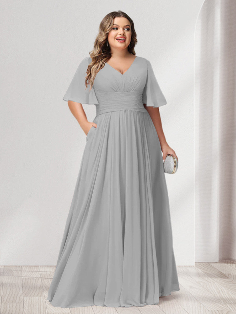 A-Line/Princess V-Neck Half Sleeves Chiffon Plus Size Bridesmaid Dresses with Pockets - 画像 (18)