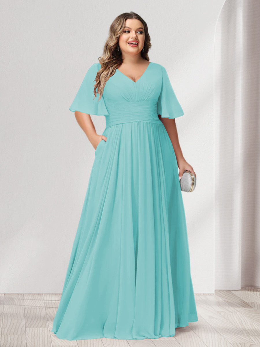 A-Line/Princess Spaghetti Straps Half Sleeves Chiffon Plus Size Bridesmaid Dresses with Pockets - 이미지 62