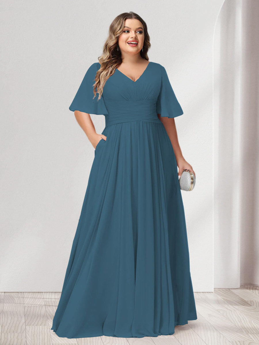 A-Line/Princess Spaghetti Straps Half Sleeves Chiffon Plus Size Bridesmaid Dresses with Pockets - 이미지 58