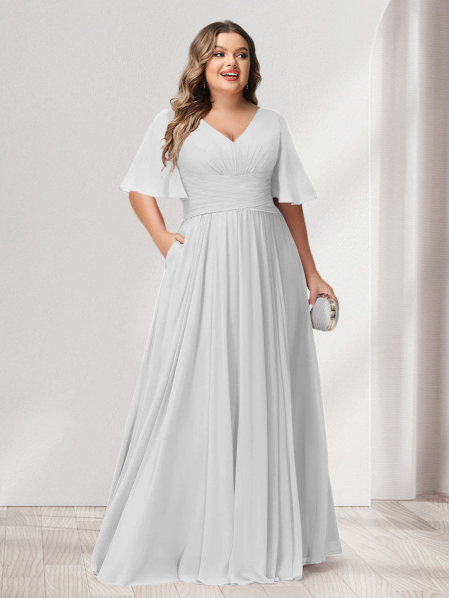 A-Line/Princess V-Neck Half Sleeves Chiffon Plus Size Bridesmaid Dresses with Pockets - 画像 (15)