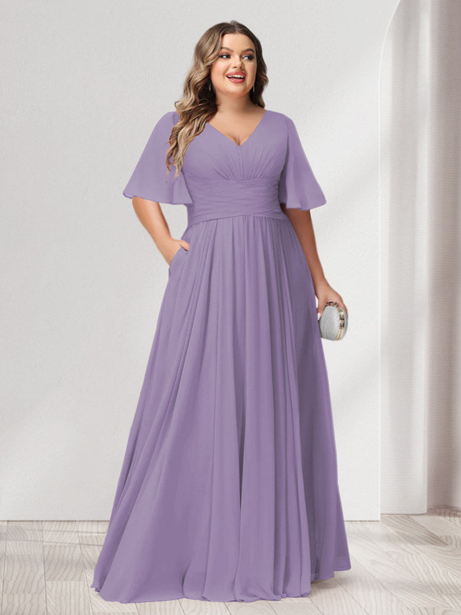 A-Line/Princess Spaghetti Straps Half Sleeves Chiffon Plus Size Bridesmaid Dresses with Pockets - 이미지 39