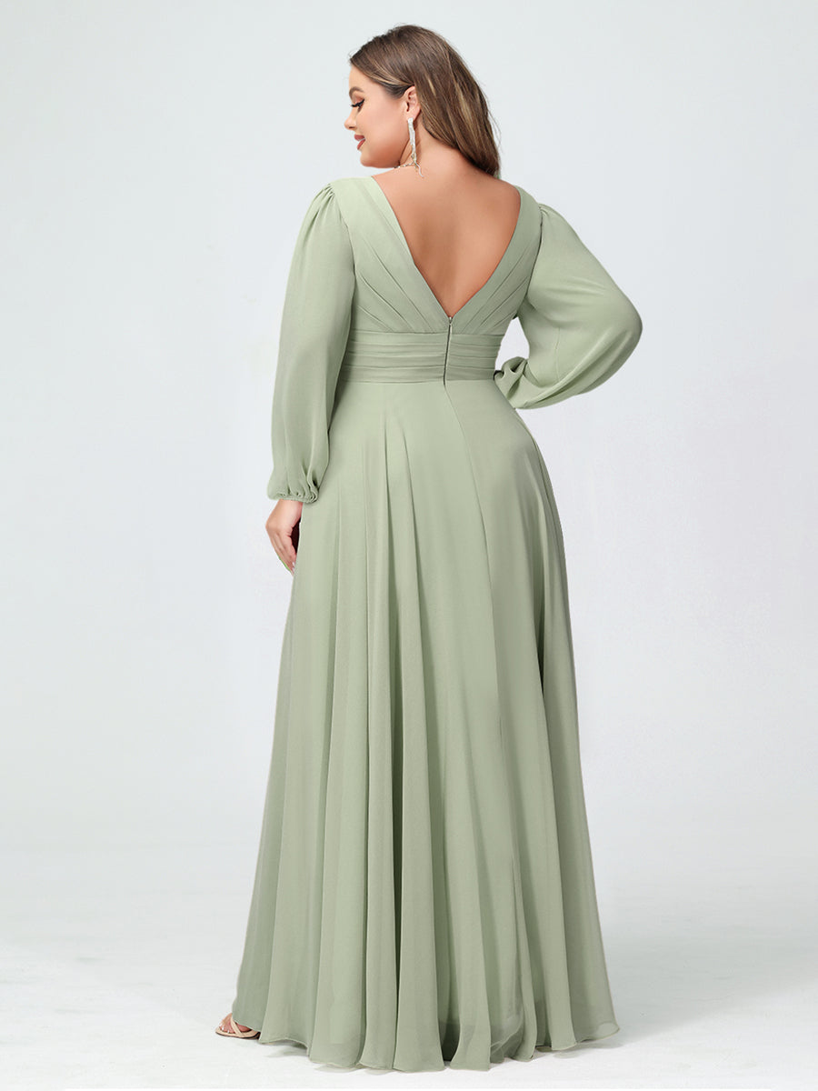 A-Line/Princess V-Neck Long Sleeves Chiffon Ruffles Plus Size Bridesmaid Dresses with Pockets - 画像 (2)