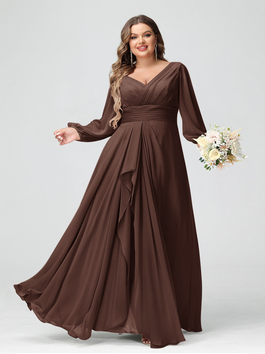A-Line/Princess V-Neck Long Sleeves Chiffon Ruffles Plus Size Bridesmaid Dresses with Pockets - 画像 (70)