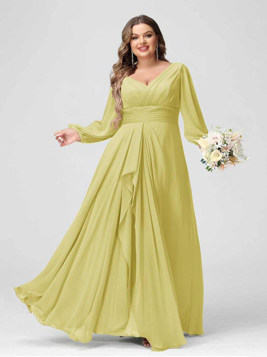 A-Line/Princess V-Neck Long Sleeves Chiffon Ruffles Plus Size Bridesmaid Dresses with Pockets - 画像 (64)