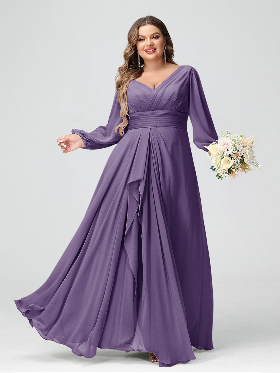 A-Line/Princess V-Neck Long Sleeves Chiffon Ruffles Plus Size Bridesmaid Dresses with Pockets - 画像 (35)