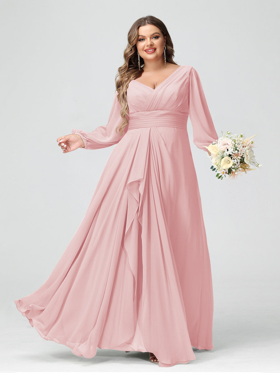 A-Line/Princess V-Neck Long Sleeves Chiffon Ruffles Plus Size Bridesmaid Dresses with Pockets - 画像 (22)