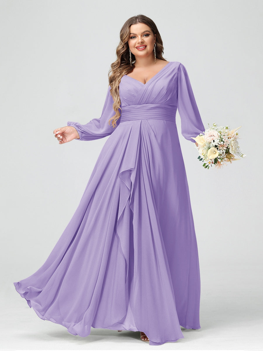 A-Line/Princess V-Neck Long Sleeves Chiffon Ruffles Plus Size Bridesmaid Dresses with Pockets - 画像 (9)