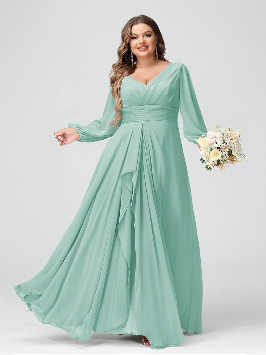 A-Line/Princess V-Neck Long Sleeves Chiffon Ruffles Plus Size Bridesmaid Dresses with Pockets - 画像 (55)