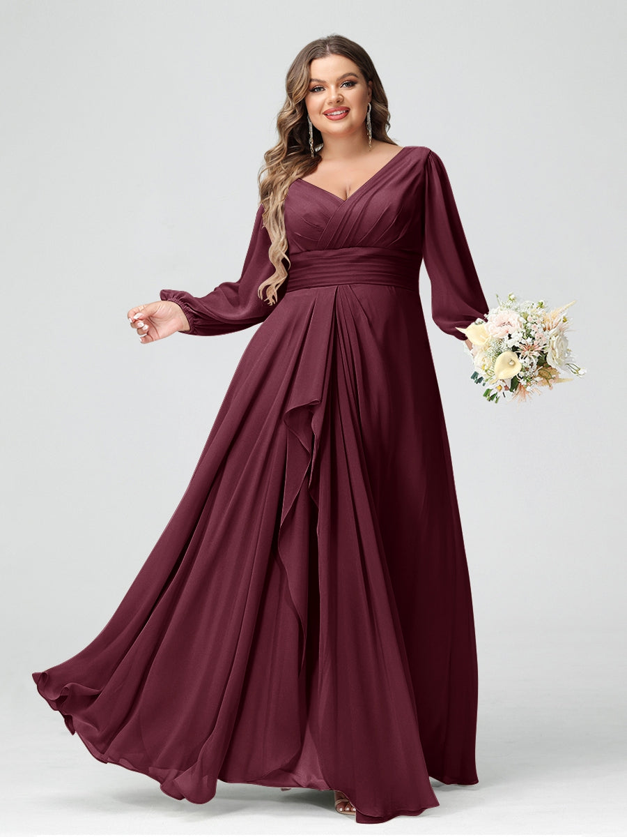 A-Line/Princess V-Neck Long Sleeves Chiffon Ruffles Plus Size Bridesmaid Dresses with Pockets - 画像 (38)