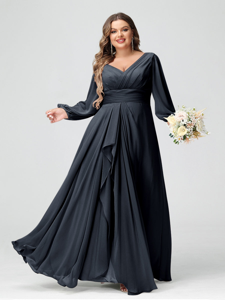 A-Line/Princess V-Neck Long Sleeves Chiffon Ruffles Plus Size Bridesmaid Dresses with Pockets - 画像 (54)