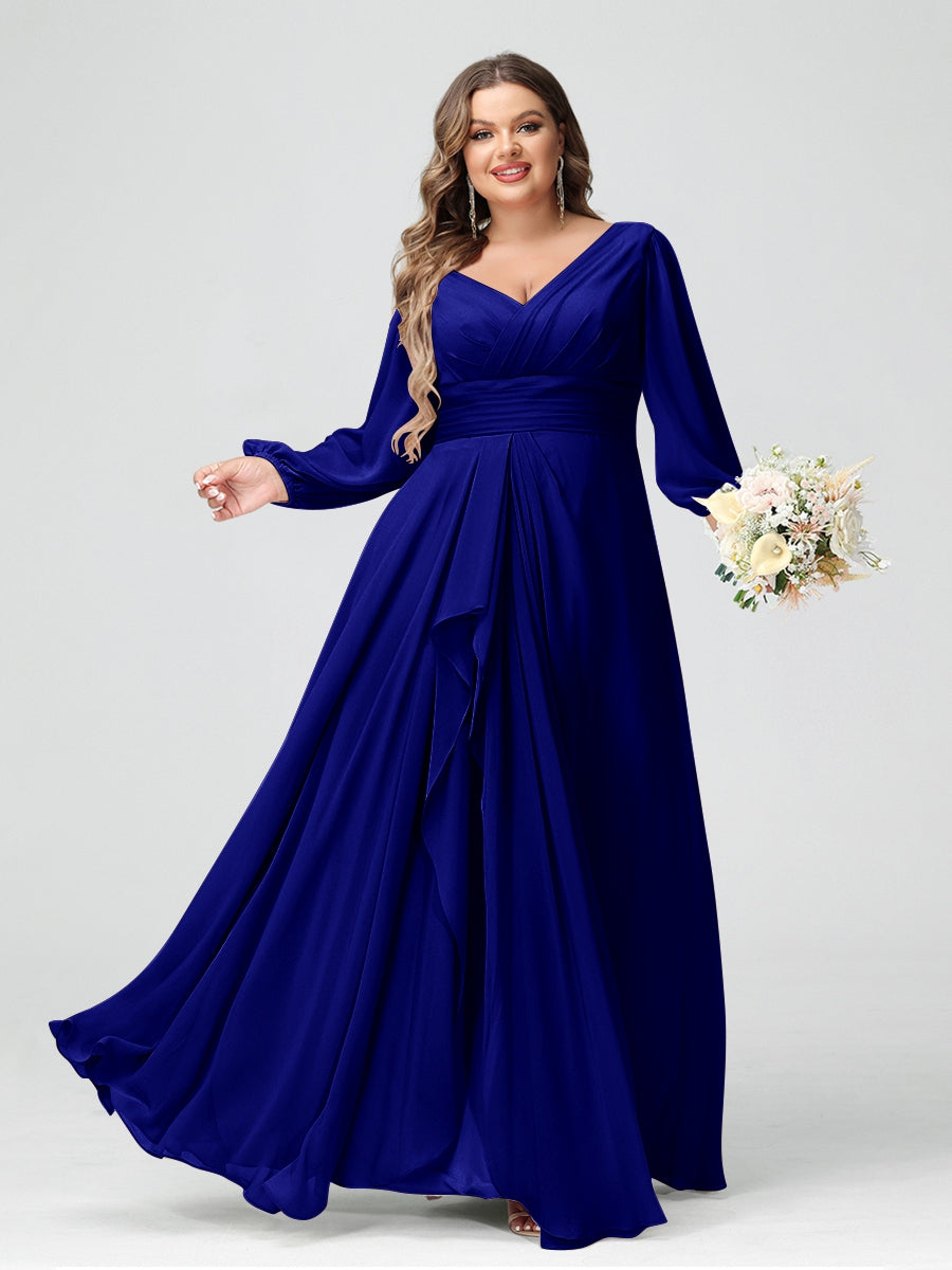 A-Line/Princess V-Neck Long Sleeves Chiffon Ruffles Plus Size Bridesmaid Dresses with Pockets - 画像 (50)