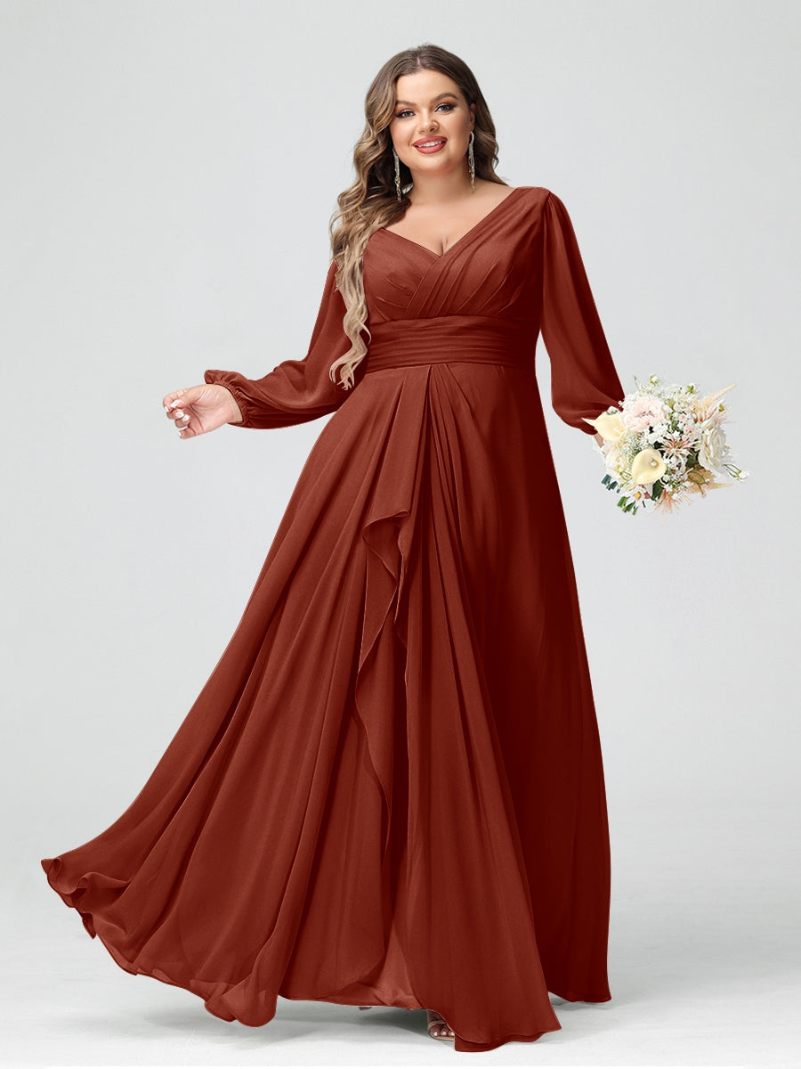 A-Line/Princess V-Neck Long Sleeves Chiffon Ruffles Plus Size Bridesmaid Dresses with Pockets - 画像 (8)