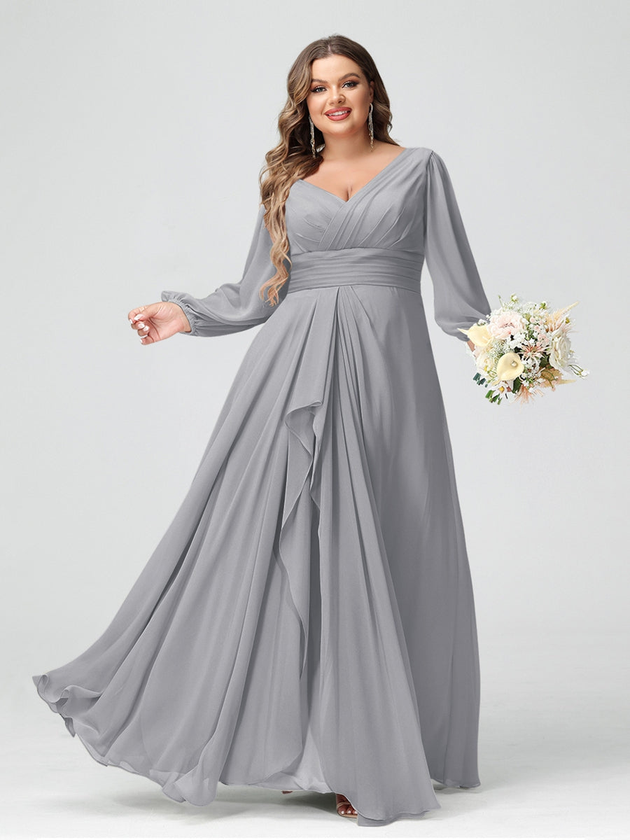 A-Line/Princess V-Neck Long Sleeves Chiffon Ruffles Plus Size Bridesmaid Dresses with Pockets - 画像 (17)