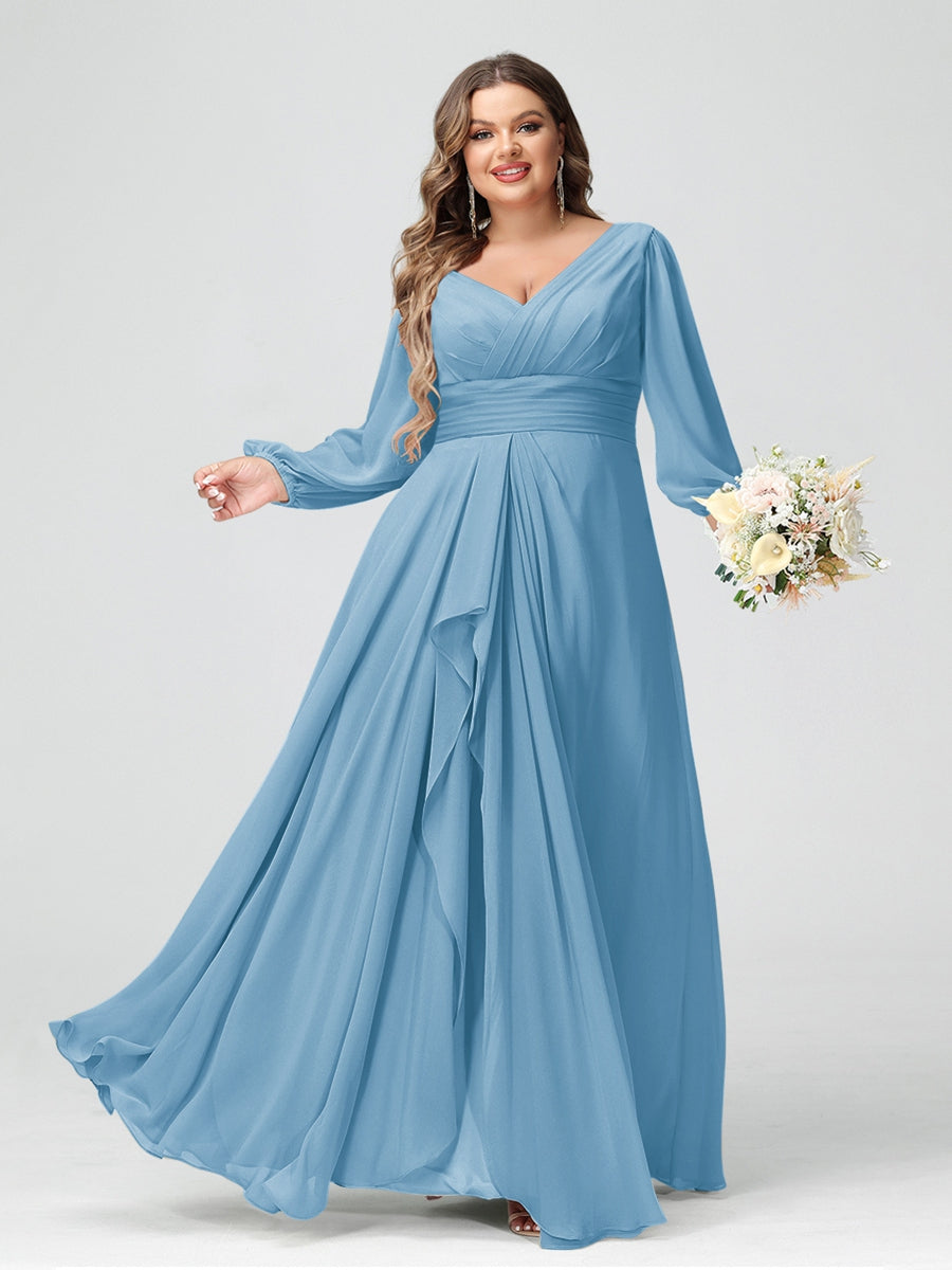 A-Line/Princess V-Neck Long Sleeves Chiffon Ruffles Plus Size Bridesmaid Dresses with Pockets - 画像 (45)