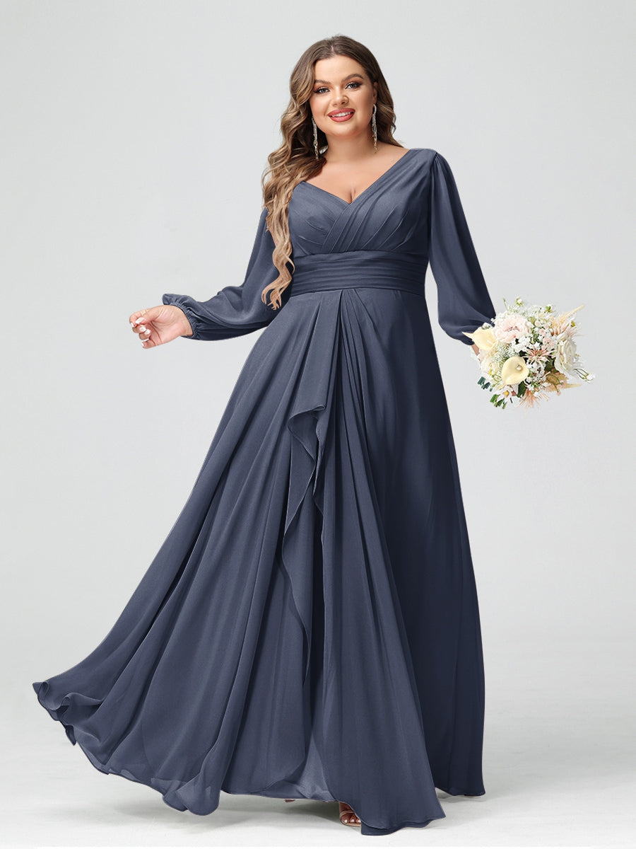 A-Line/Princess V-Neck Long Sleeves Chiffon Ruffles Plus Size Bridesmaid Dresses with Pockets - 画像 (52)