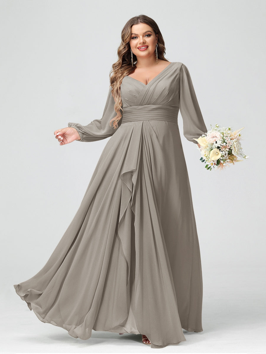 A-Line/Princess V-Neck Long Sleeves Chiffon Ruffles Plus Size Bridesmaid Dresses with Pockets - 画像 (68)