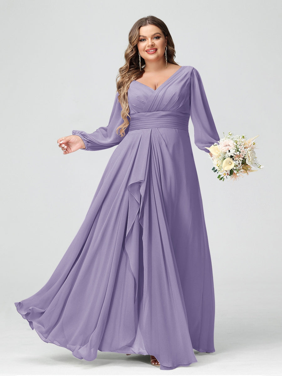 A-Line/Princess V-Neck Long Sleeves Chiffon Ruffles Plus Size Bridesmaid Dresses with Pockets - 画像 (34)