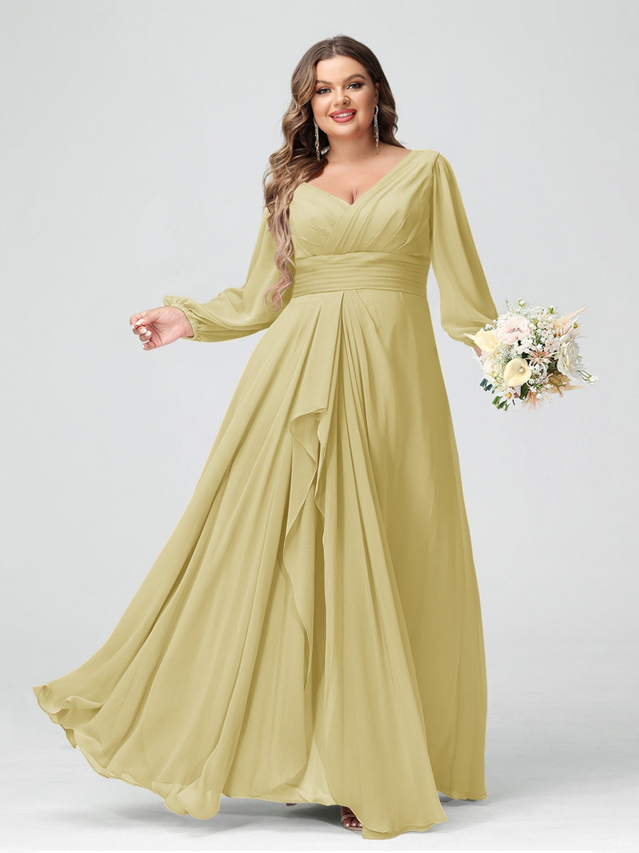 A-Line/Princess V-Neck Long Sleeves Chiffon Ruffles Plus Size Bridesmaid Dresses with Pockets - 画像 (63)