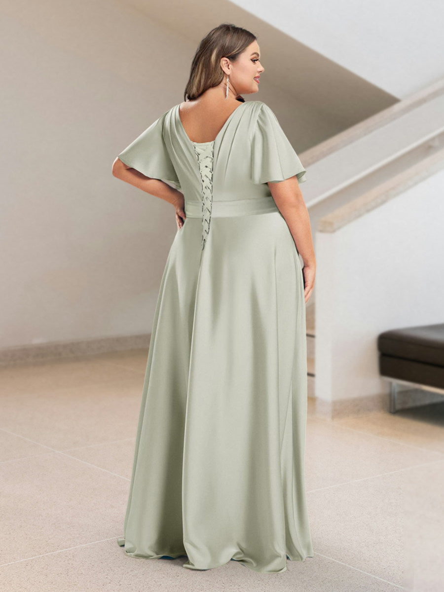 A-Line/Princess V-Neck Short Sleeves Silk Satin Plus Size Bridesmaid Dresses with Pockets - 画像 (2)