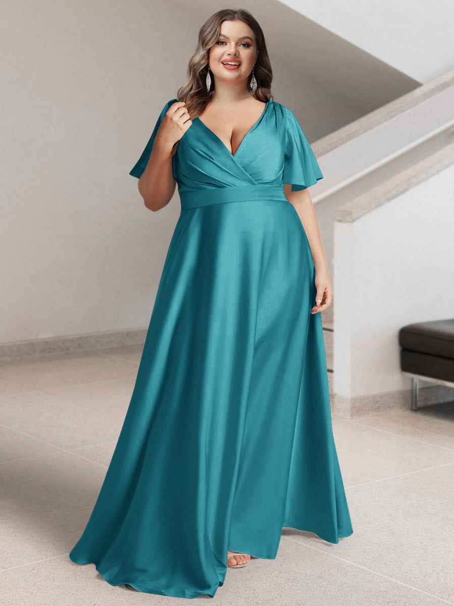 A-Line/Princess V-Neck Short Sleeves Silk Satin Plus Size Bridesmaid Dresses with Pockets - 画像 (36)