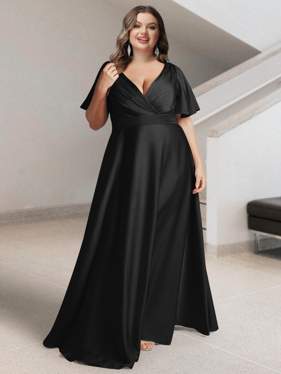 A-Line/Princess V-Neck Short Sleeves Silk Satin Plus Size Bridesmaid Dresses with Pockets - 画像 (8)