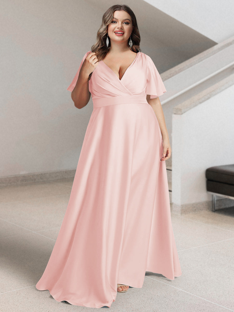 A-Line/Princess V-Neck Short Sleeves Silk Satin Plus Size Bridesmaid Dresses with Pockets - 画像 (18)