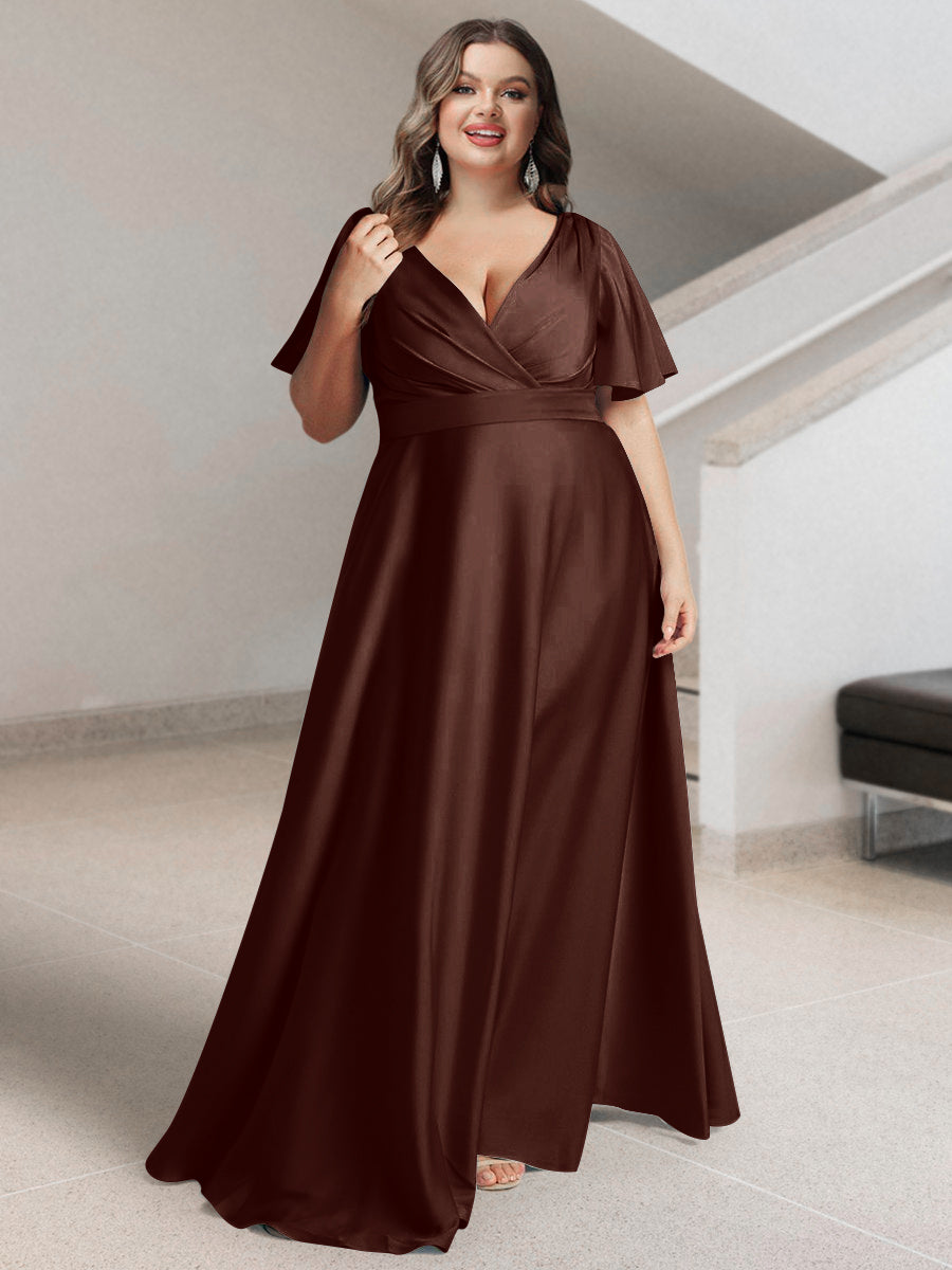 A-Line/Princess V-Neck Short Sleeves Silk Satin Plus Size Bridesmaid Dresses with Pockets - 画像 (52)
