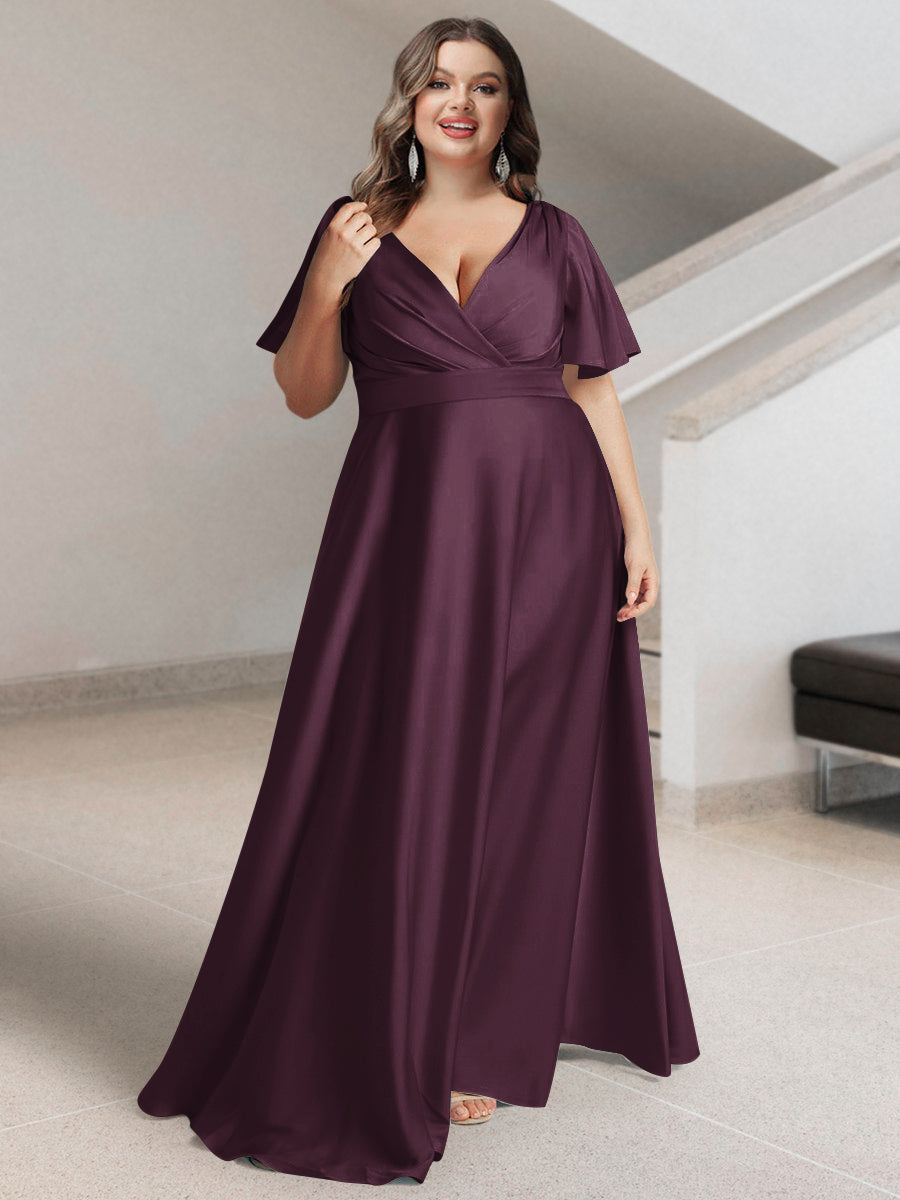 A-Line/Princess V-Neck Short Sleeves Silk Satin Plus Size Bridesmaid Dresses with Pockets - 画像 (6)