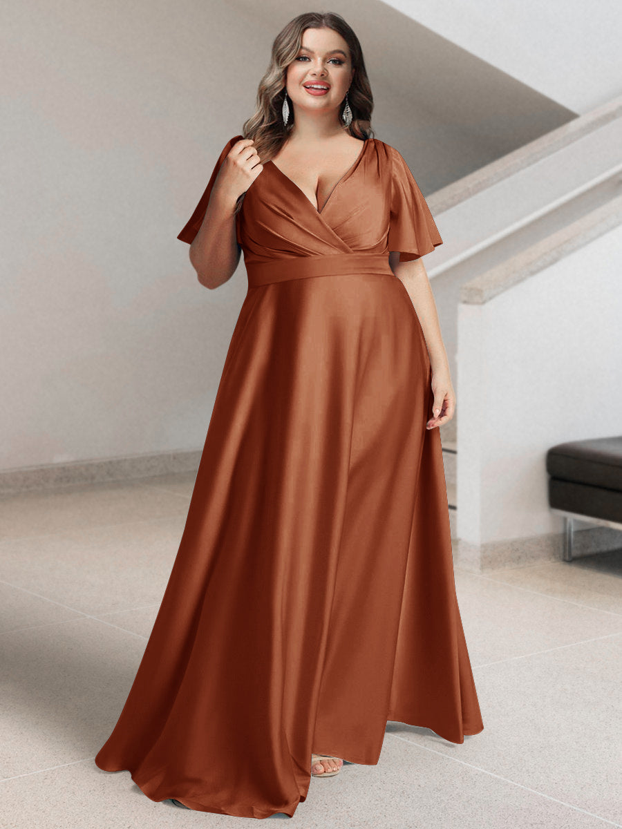 A-Line/Princess V-Neck Short Sleeves Silk Satin Plus Size Bridesmaid Dresses with Pockets - 画像 (4)