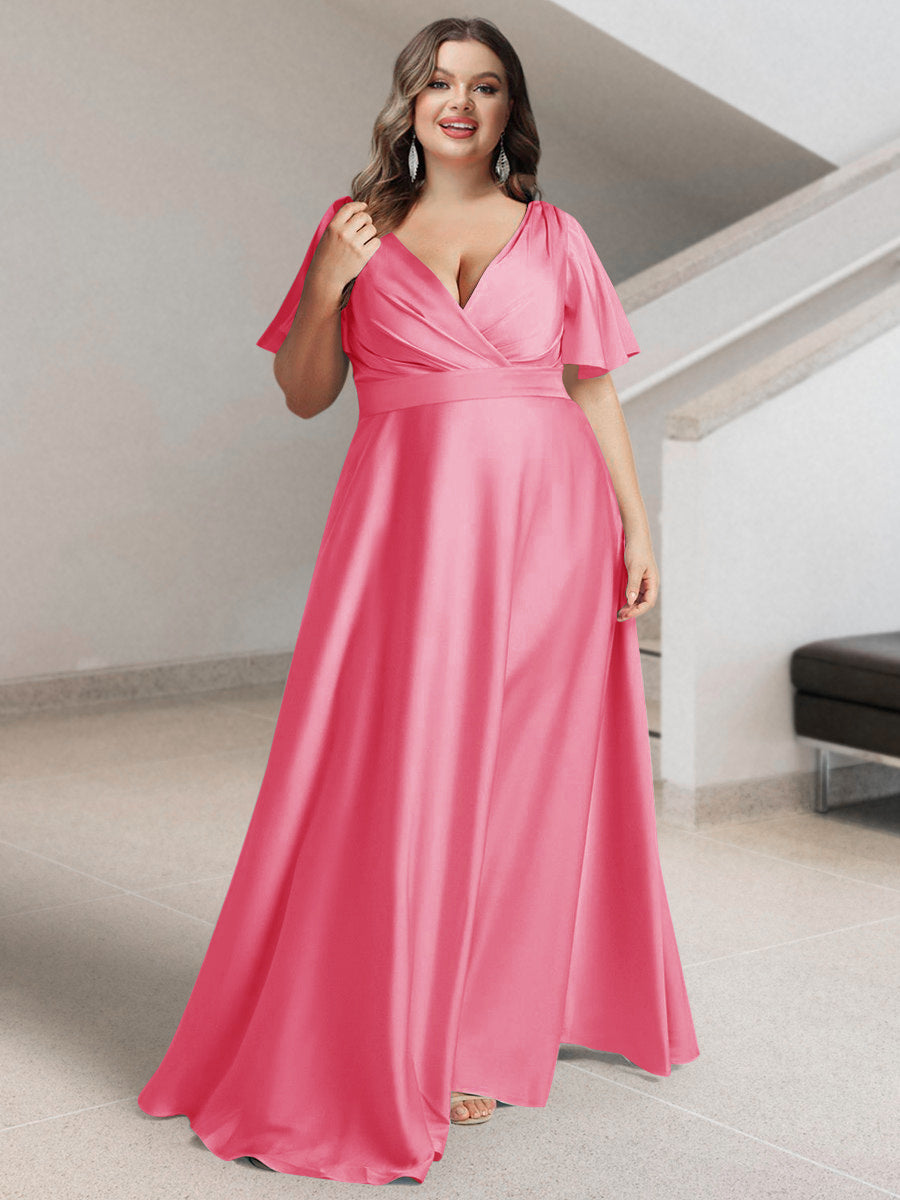 A-Line/Princess V-Neck Short Sleeves Silk Satin Plus Size Bridesmaid Dresses with Pockets - 画像 (22)