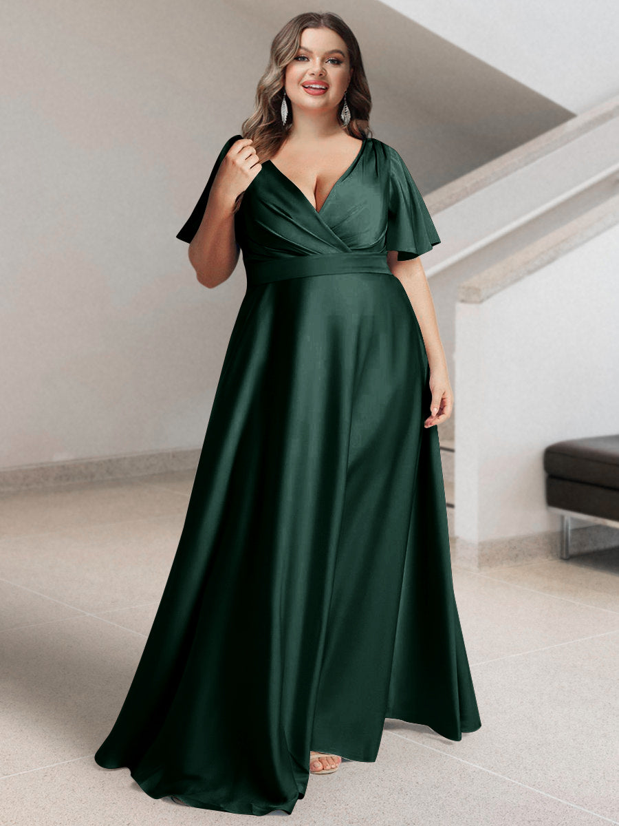 A-Line/Princess V-Neck Short Sleeves Silk Satin Plus Size Bridesmaid Dresses with Pockets - 画像 (5)