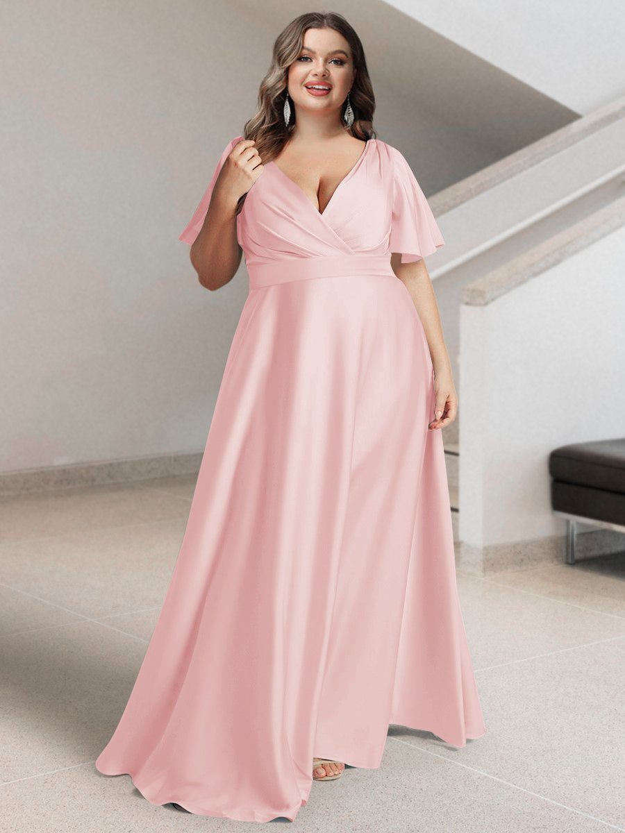 A-Line/Princess V-Neck Short Sleeves Silk Satin Plus Size Bridesmaid Dresses with Pockets - 画像 (20)