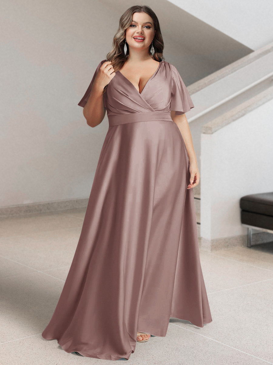 A-Line/Princess V-Neck Short Sleeves Silk Satin Plus Size Bridesmaid Dresses with Pockets - 画像 (3)