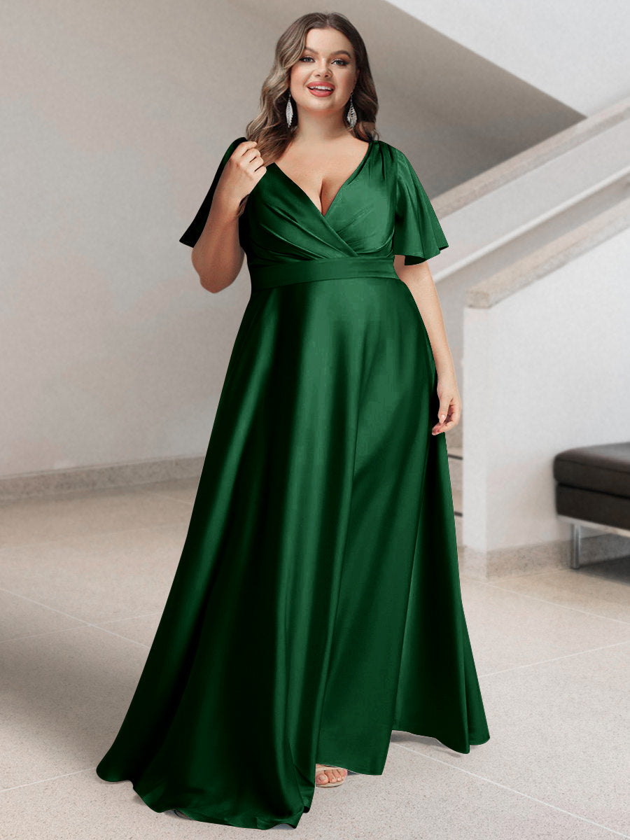 A-Line/Princess V-Neck Short Sleeves Silk Satin Plus Size Bridesmaid Dresses with Pockets - 画像 (46)