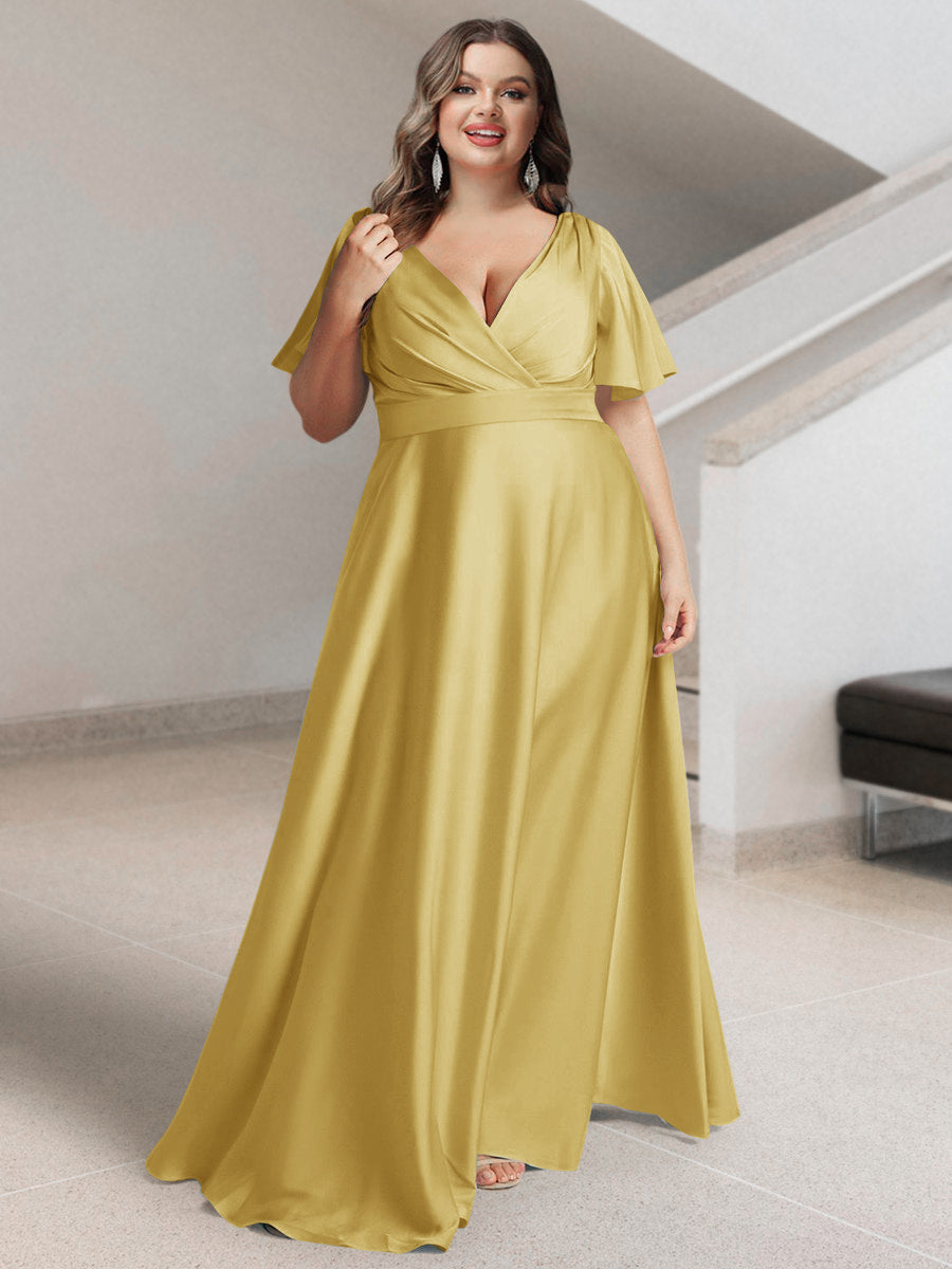 A-Line/Princess V-Neck Short Sleeves Silk Satin Plus Size Bridesmaid Dresses with Pockets - 画像 (48)