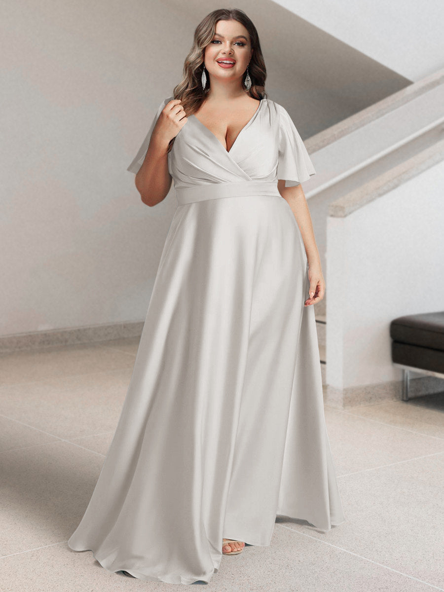A-Line/Princess V-Neck Short Sleeves Silk Satin Plus Size Bridesmaid Dresses with Pockets - 画像 (11)