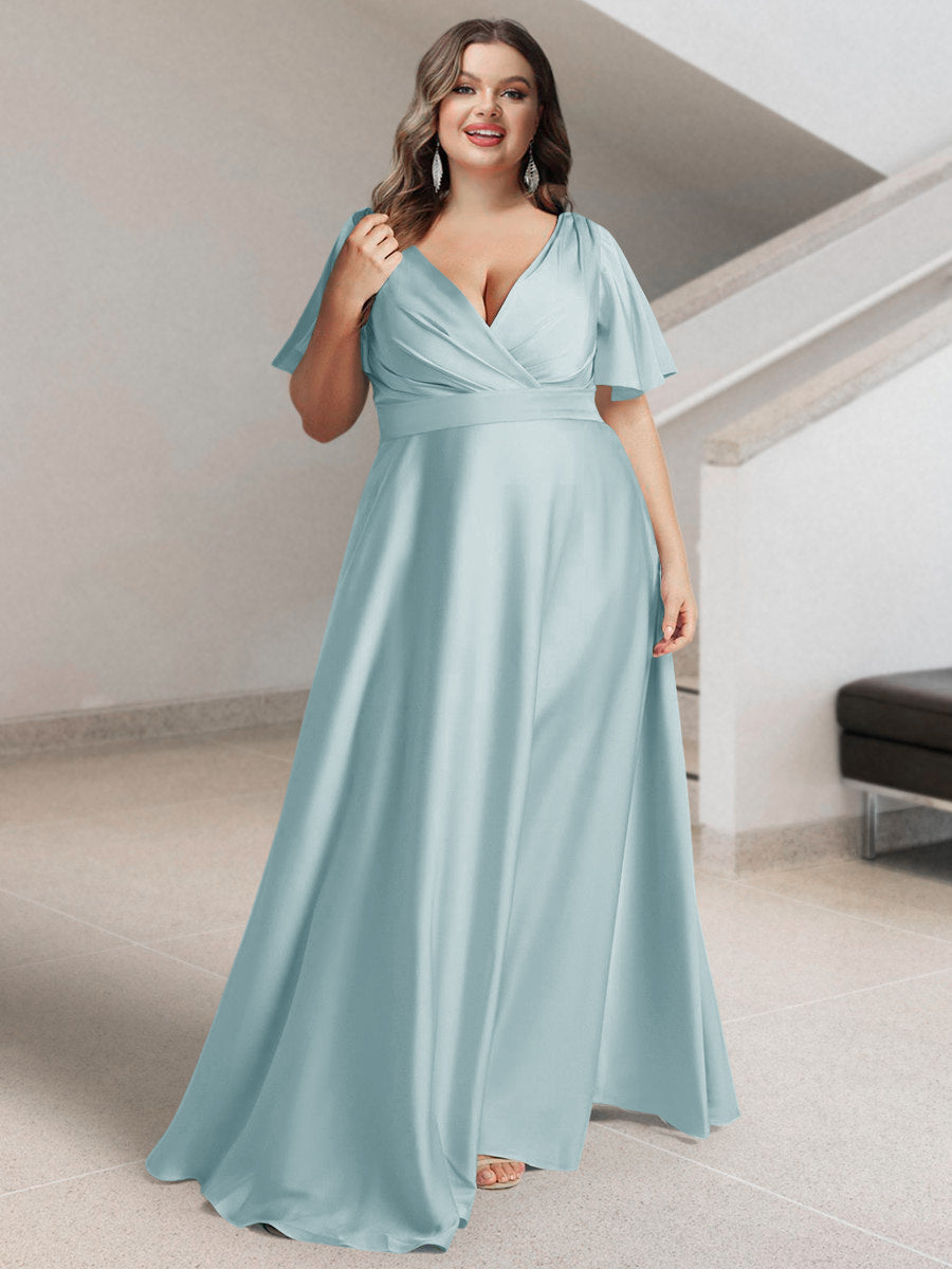 A-Line/Princess V-Neck Short Sleeves Silk Satin Plus Size Bridesmaid Dresses with Pockets - 画像 (31)