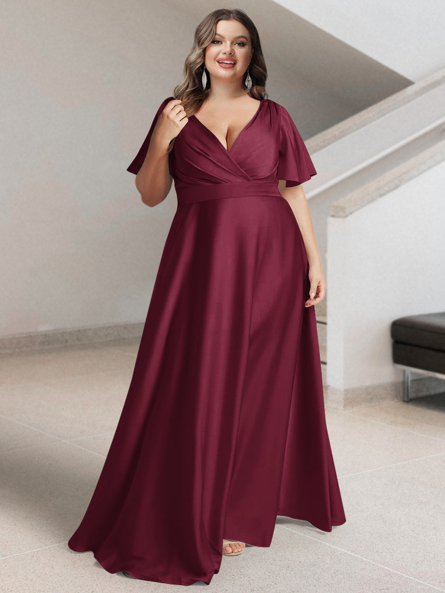 A-Line/Princess V-Neck Short Sleeves Silk Satin Plus Size Bridesmaid Dresses with Pockets - 画像 (25)