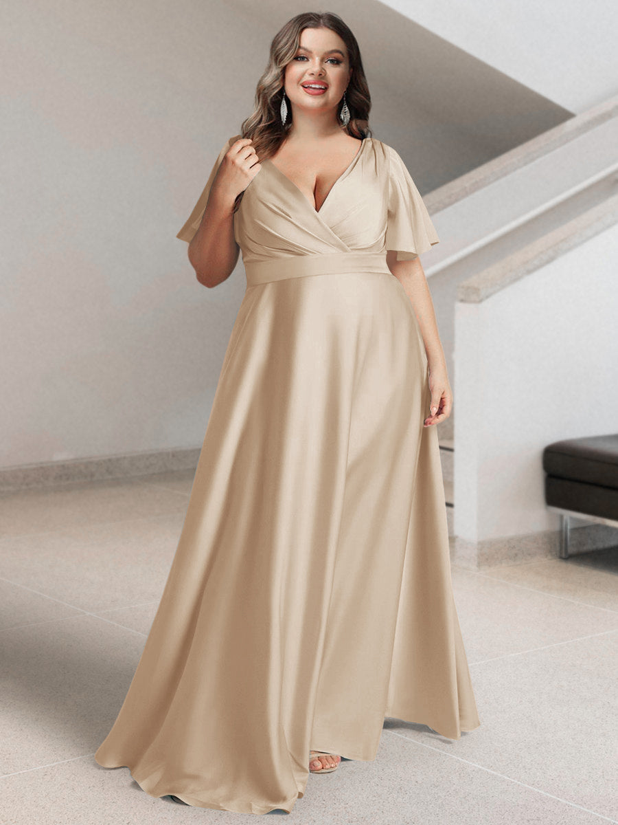 A-Line/Princess V-Neck Short Sleeves Silk Satin Plus Size Bridesmaid Dresses with Pockets - 画像 (13)
