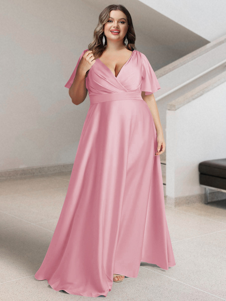 A-Line/Princess V-Neck Short Sleeves Silk Satin Plus Size Bridesmaid Dresses with Pockets - 画像 (17)