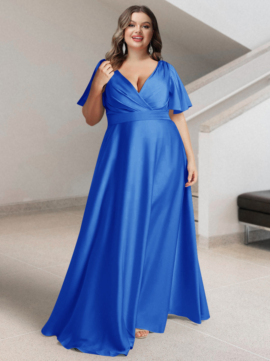 A-Line/Princess V-Neck Short Sleeves Silk Satin Plus Size Bridesmaid Dresses with Pockets - 画像 (37)