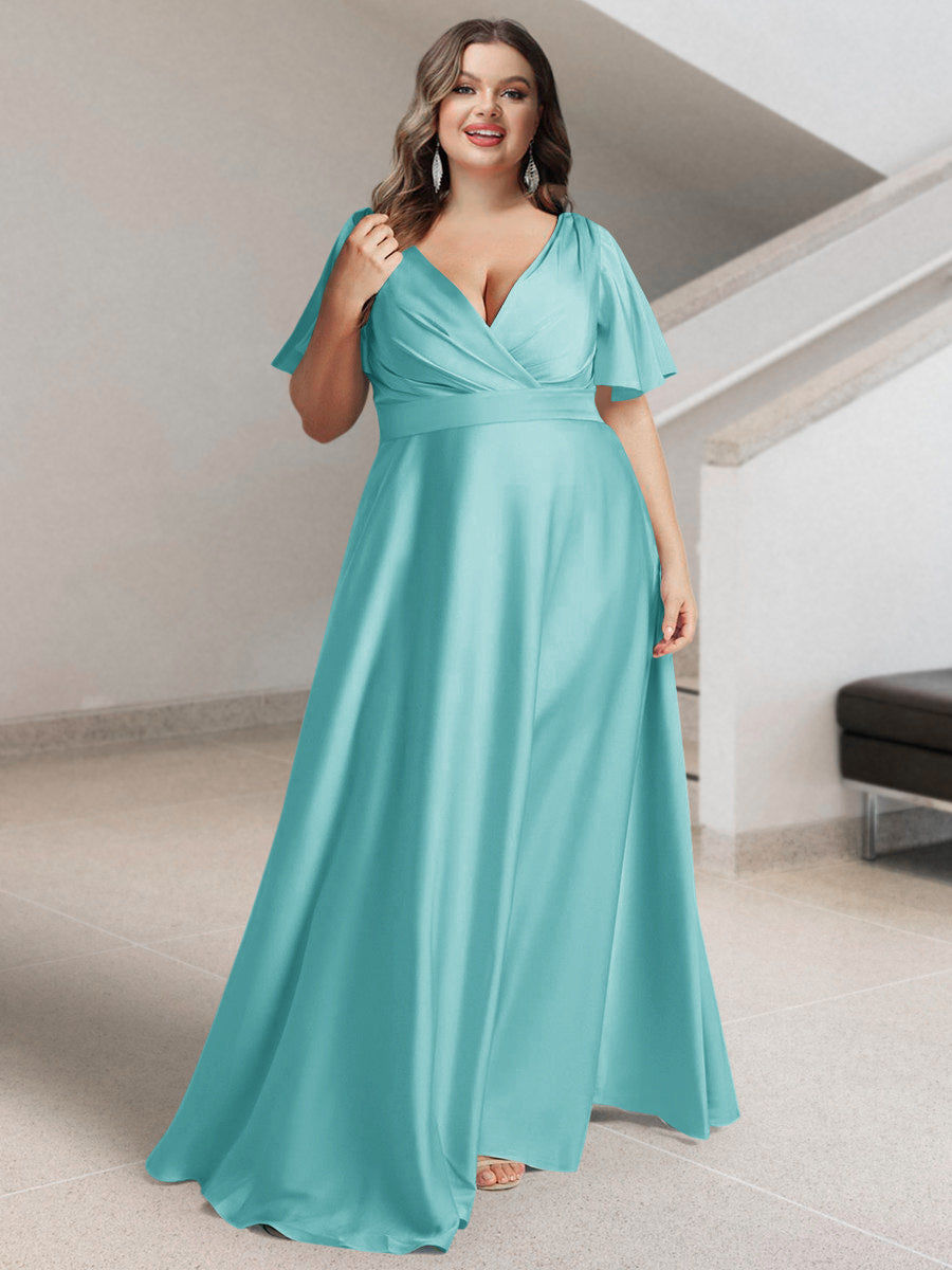 A-Line/Princess V-Neck Short Sleeves Silk Satin Plus Size Bridesmaid Dresses with Pockets - 画像 (33)
