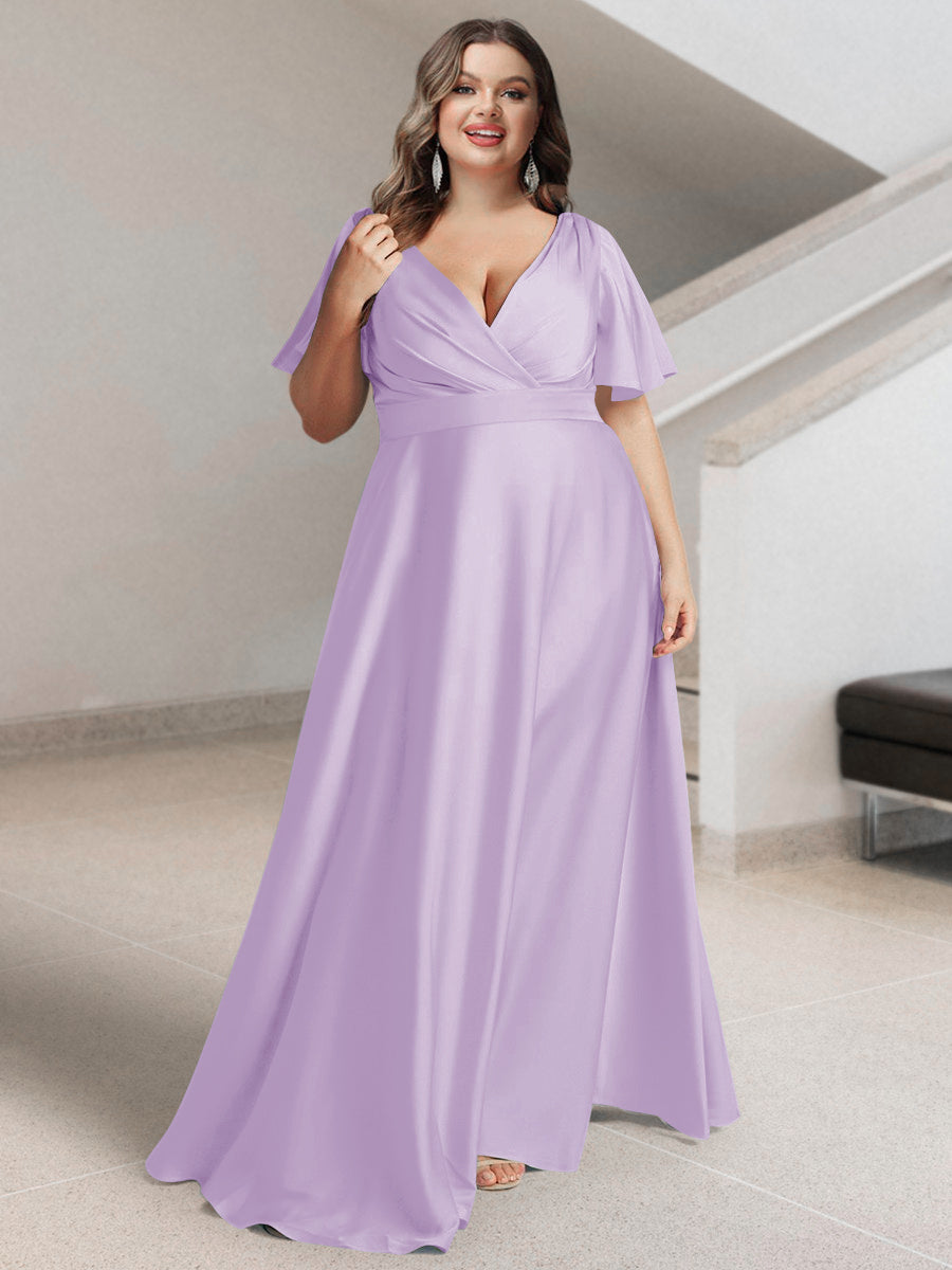 A-Line/Princess V-Neck Short Sleeves Silk Satin Plus Size Bridesmaid Dresses with Pockets - 画像 (7)