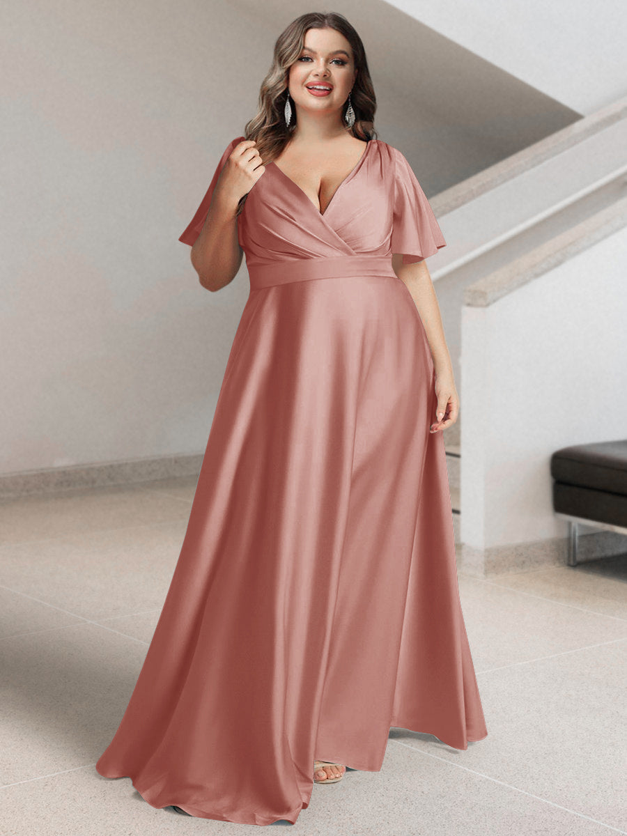 A-Line/Princess V-Neck Short Sleeves Silk Satin Plus Size Bridesmaid Dresses with Pockets - 画像 (21)