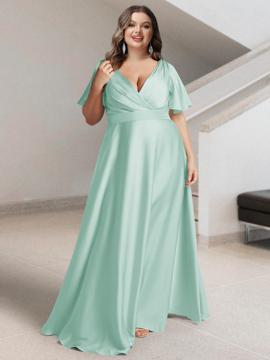 A-Line/Princess V-Neck Short Sleeves Silk Satin Plus Size Bridesmaid Dresses with Pockets - 画像 (41)