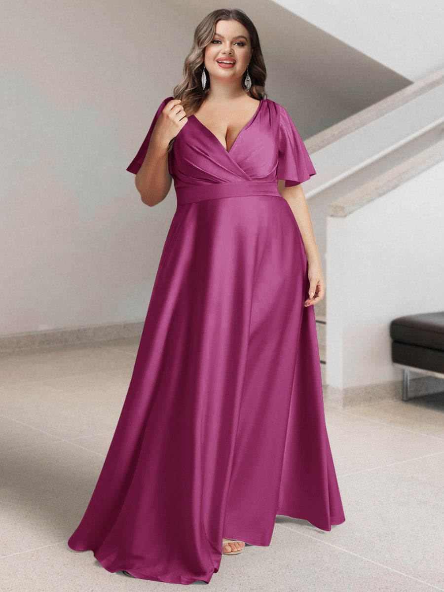 A-Line/Princess V-Neck Short Sleeves Silk Satin Plus Size Bridesmaid Dresses with Pockets - 画像 (28)