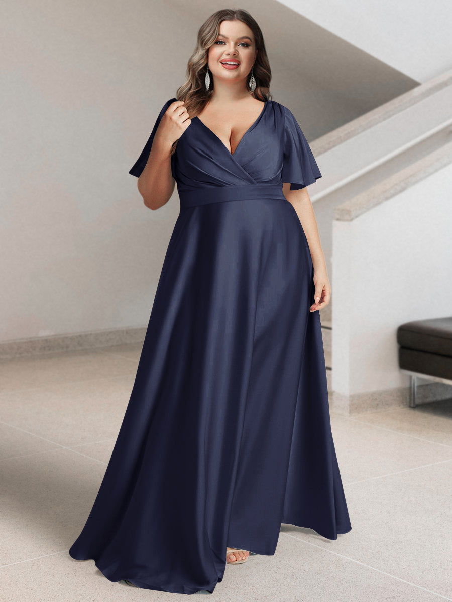 A-Line/Princess V-Neck Short Sleeves Silk Satin Plus Size Bridesmaid Dresses with Pockets - 画像 (40)